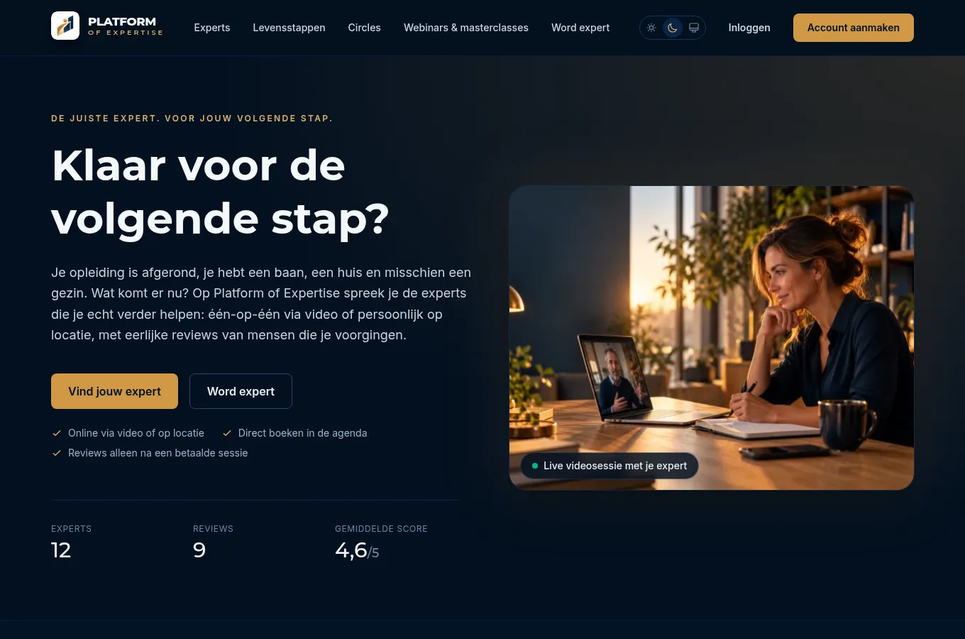 De homepage van Platform of Expertise met de knop Vind jouw expert