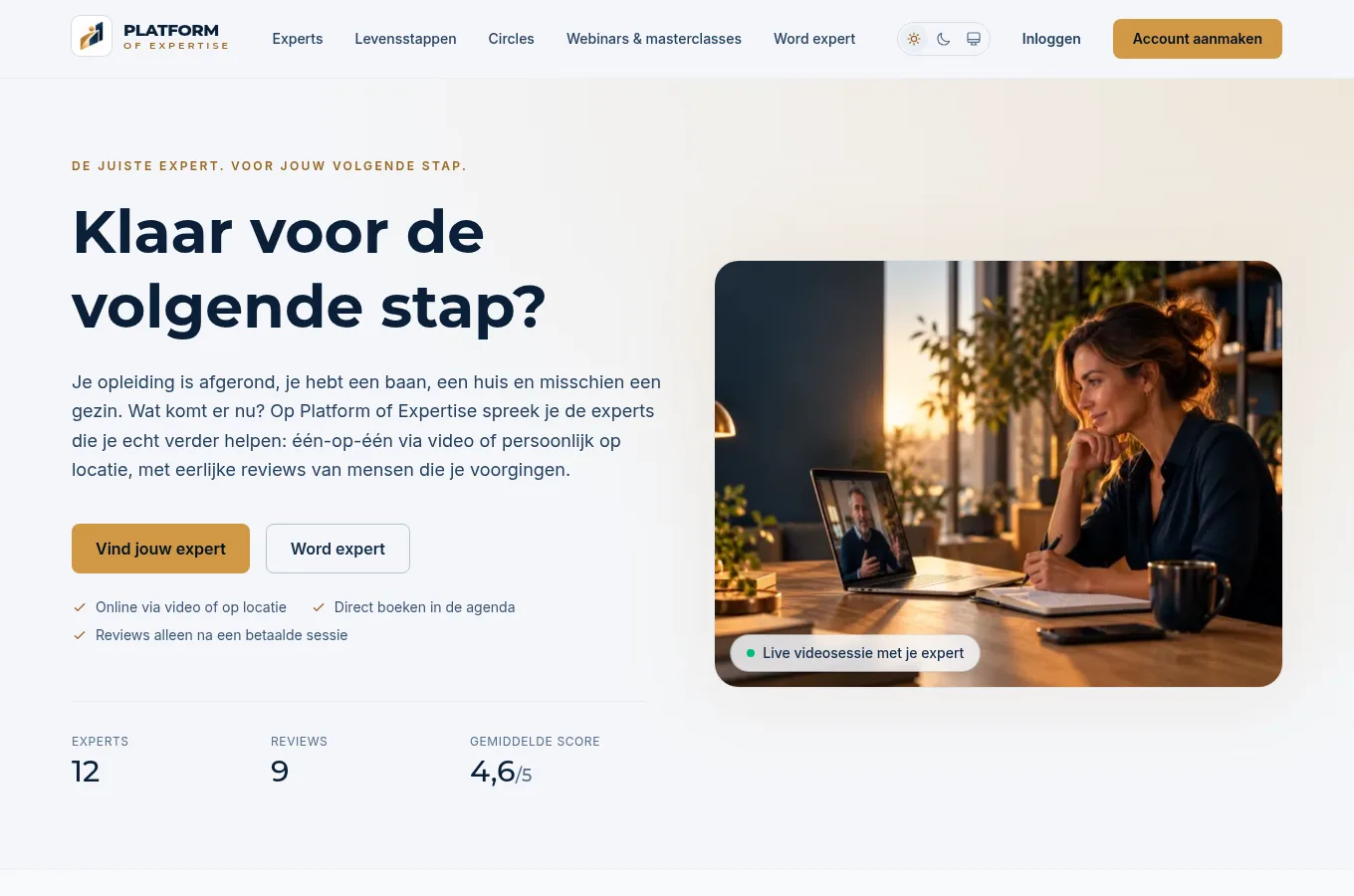 De homepage van Platform of Expertise met de knop Vind jouw expert