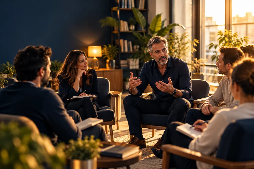 Een expert begeleidt een kleine Circle van deelnemers in een lounge