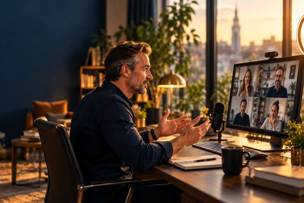 Een expert leidt een online Circle met deelnemers via video